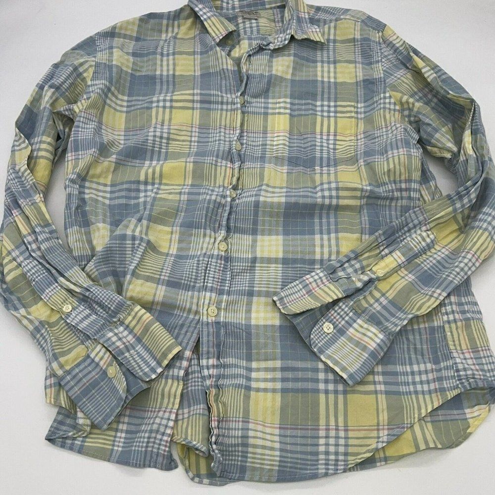 J Crew Mens Size Large Long Sleeve Button Up Blue Yellow Plaid Madras Shirt